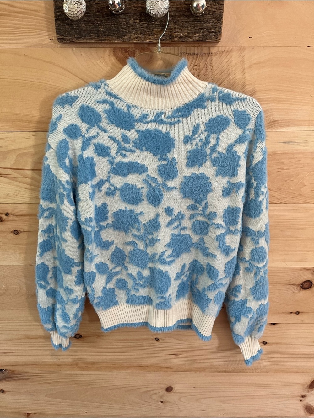 See and Be Seen Floral Mock Neck Sweater in Cream and Light Blue Oversized Small